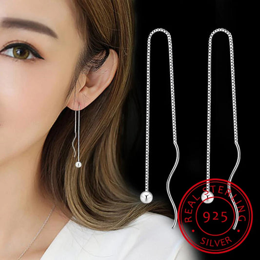 Elegant 925 Sterling Silver Long Tassel Drop Earrings Box Chain Beads Ear Chain For Women S-E229