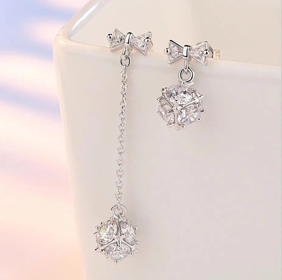 925 stamp silver color Earrings luxury CZ Zirconia Bowknot Cube Long Tassel Asymmetric Earrings For Women oorbellen brincos