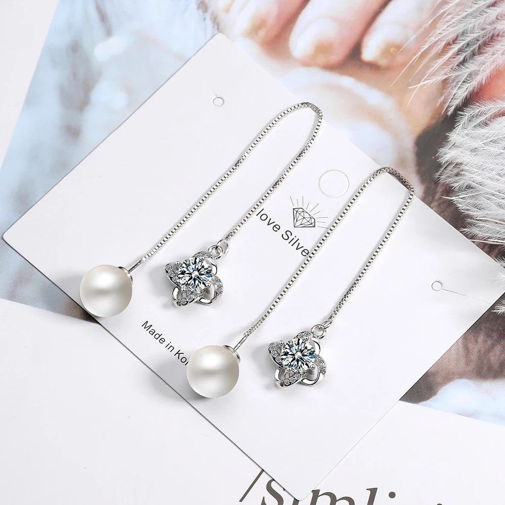 925 silver long Drop Earrings for women with round Pearl Jewelry silver zirconia Women Wedding Party wholesale gift