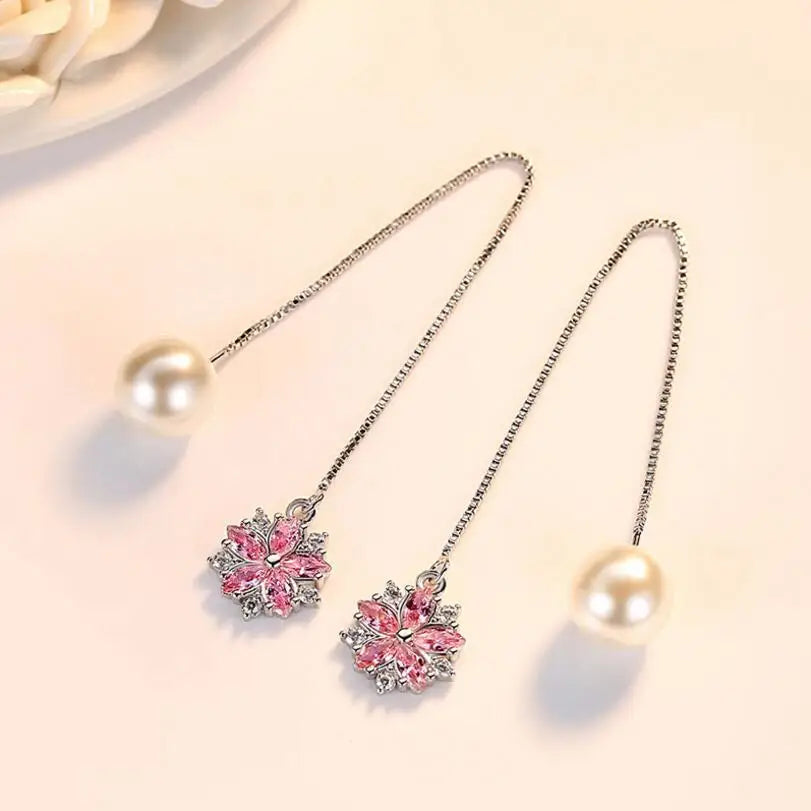 925 stamp silver color Pink Crystal Micro Zirconia Cherry Blossom Flower Pearl Tassel Earrings For Women Girl brincos S-E567