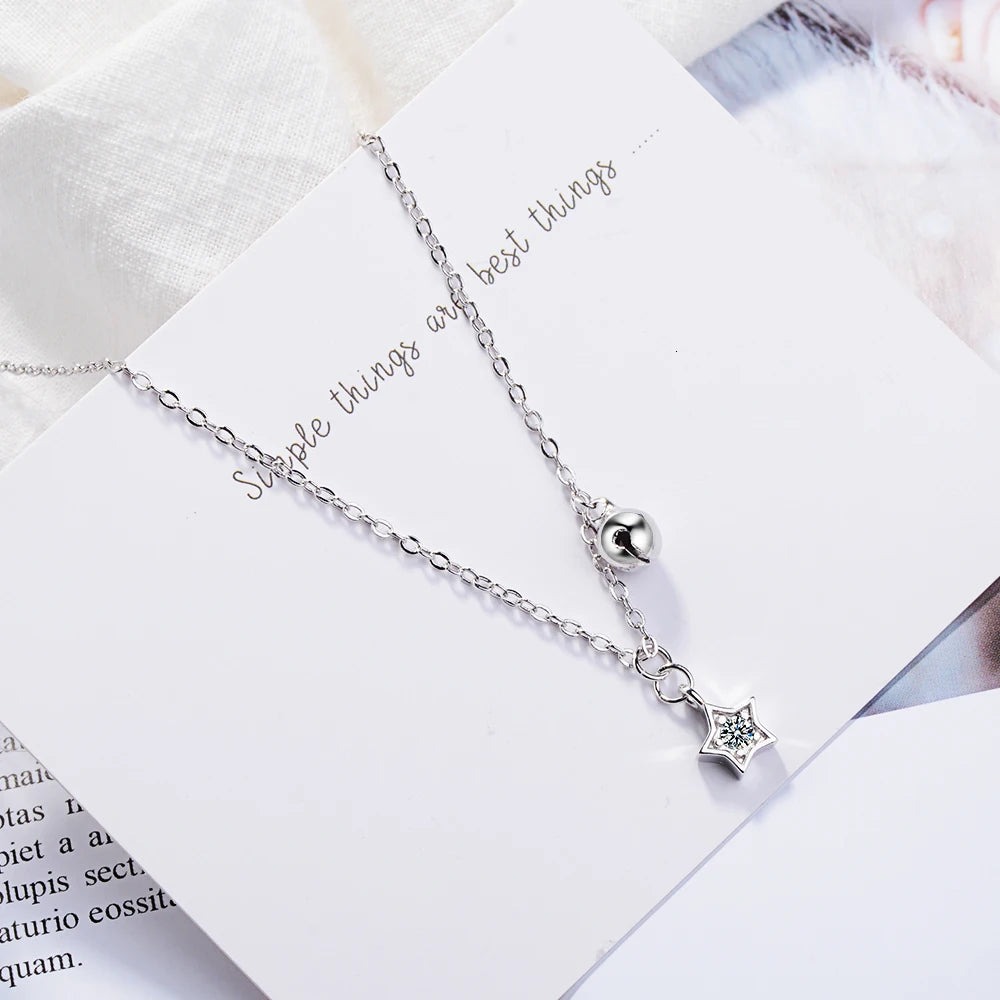 Star Bell Pendant Female Korean Style 925 Sterling Silver Jewelry Simple Creative Crystal Star Clavicle Chain Necklaces H356