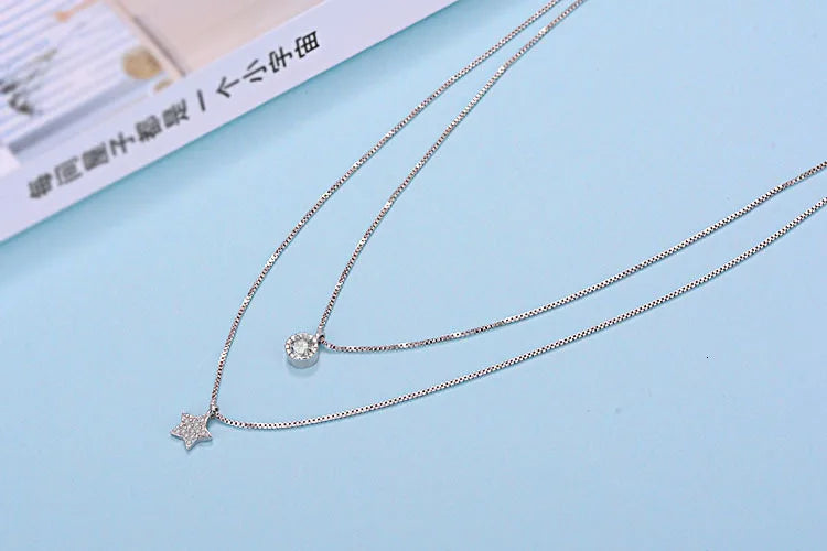 New Arrival 925 Sterling Silver Double Layers Necklace With Star Pendent Collarbone Necklace Chain For Women & Girl Jewelry