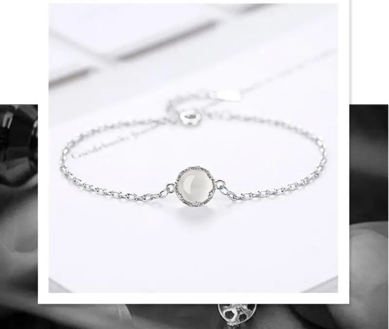 Simple 925 Sterling Silver Chain Bracelets Chalcedony Moonlight Stone Bracelets & Bangles For Women pulseira S-B97