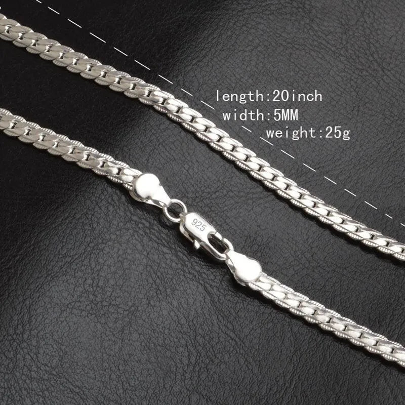 5mm 925 stamp silver color Necklace Unisex Flat Snake Link Chain Lobster Clasp Collares Necklaces For Women Men