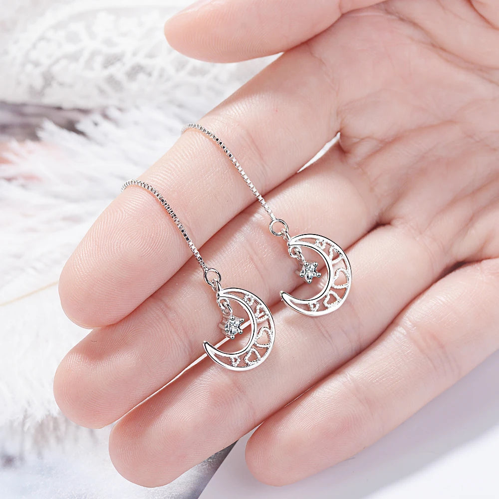 925 stamp silver color Long Zirconia Star And Moon Earrings For Women Girls Christmas Gift Hot Fashion Sterling-silver-jewelry