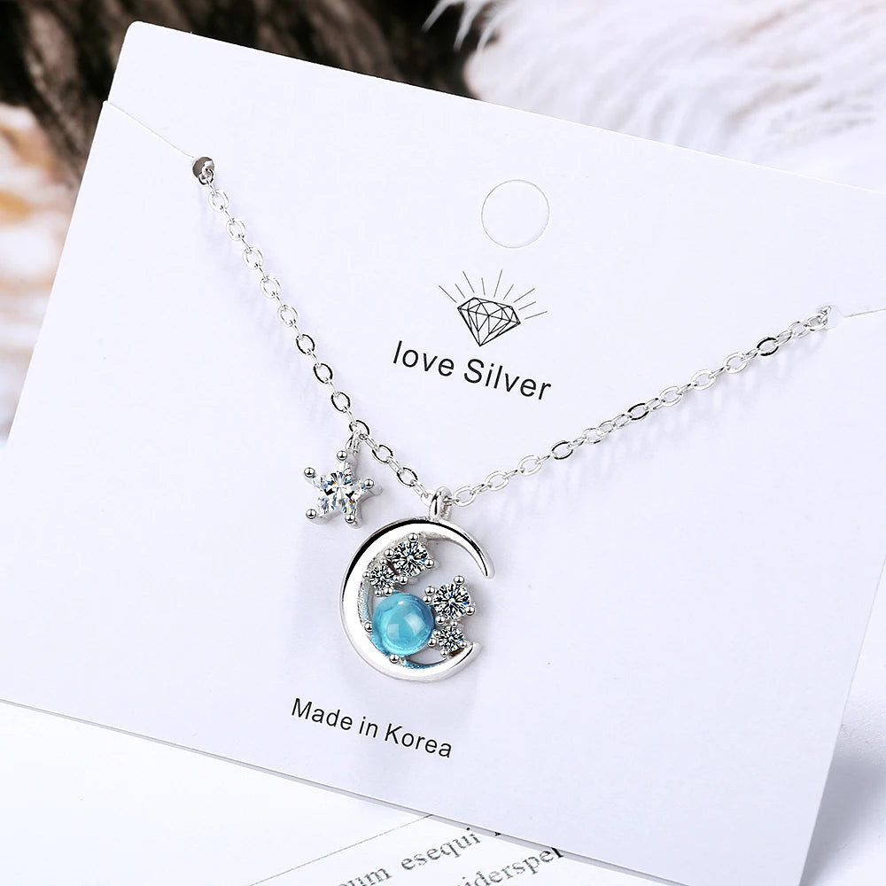 Fashion Charm Women Moon Star Necklace Jewelry 925 Sterling Silver Zirconia Choker Necklaces Pendant For Women Girls Gift Colar