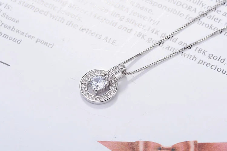 925 Sterling Silver Necklaces Rhinestone Double Circle Pendant Necklace Jewelry Collar Colar De Plata