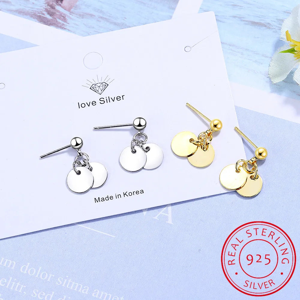 100% 925 Solid Real Sterling Silver Women's Jewelry Round Sheet Stud Earrings Gift For Teen Girls Kids Lady Jewelry DS952