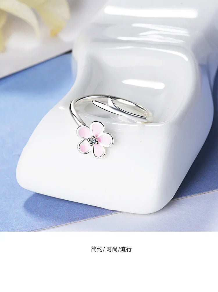 925 Sterling Silver Adjustable Size Ring Flower Magnolia Cubic Zirconia Gradient Pink Enamel Cocktail Ring Fine Jewelry Gifts
