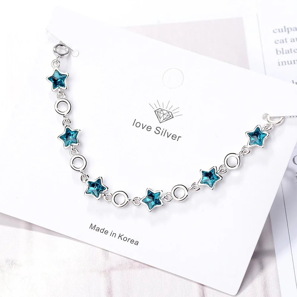 100% 925 Sterling Silver Blue Crystal Star Charm Bracelets For Women High Quality Lady Fashion Party Jewelry