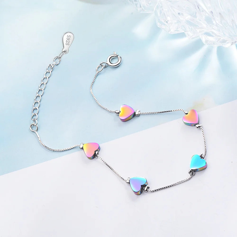 Charm Lovely Colored Heart Sterling Silver Bracelets For Women Korean Fashion Trendy Jewelry