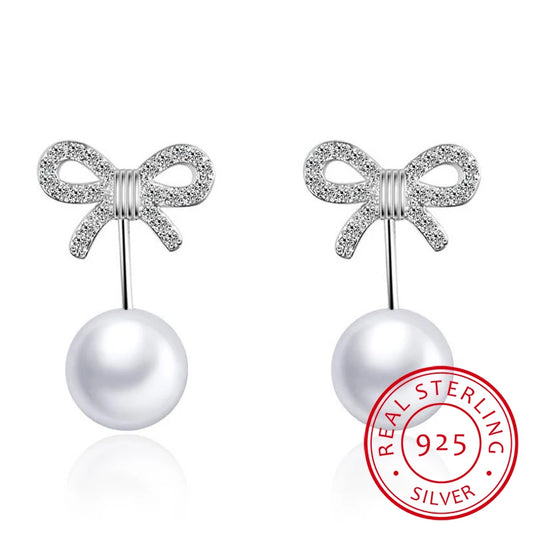 925 Sterling Silver Earrings Mosaic Zirconia Bowknot Pearl Stud Earrings For Women oorbellen brincos pendientes S-E371