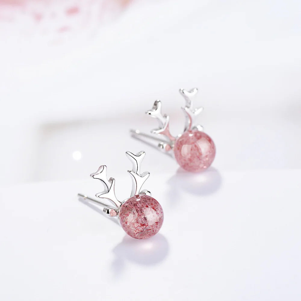 925 silver needle Sweet Cute Pink Deer Small Stud Earrings For Women Personality Strawberry Crystal Animal Present