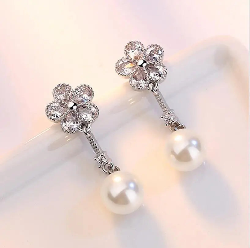 925 stamp silver color Earrings Crystal Plum Ice Flower Zirconia Pearl Drop Earrings For Women brincos de prata S-E252