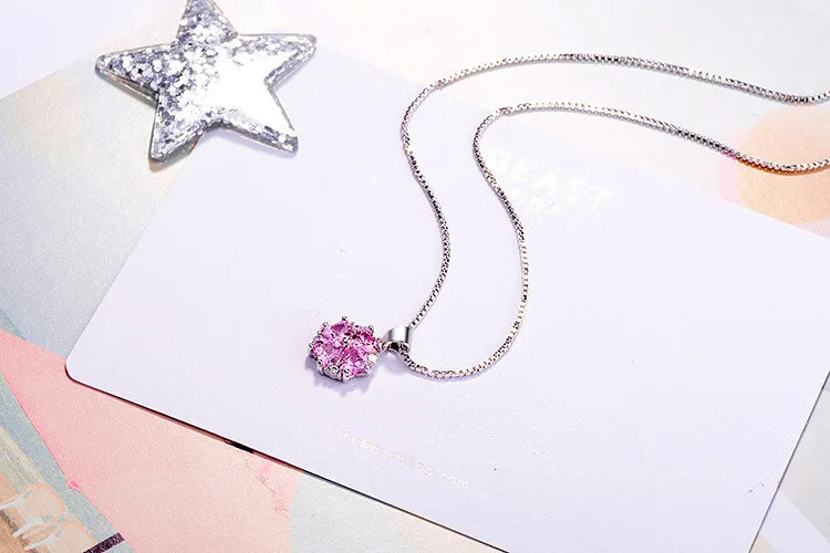 925 Sterling Silver Pink Cherry Blossoms Pendant Necklace For Women Romantic Flower Crystal Pendant Fine Jewelry Birthday Gift