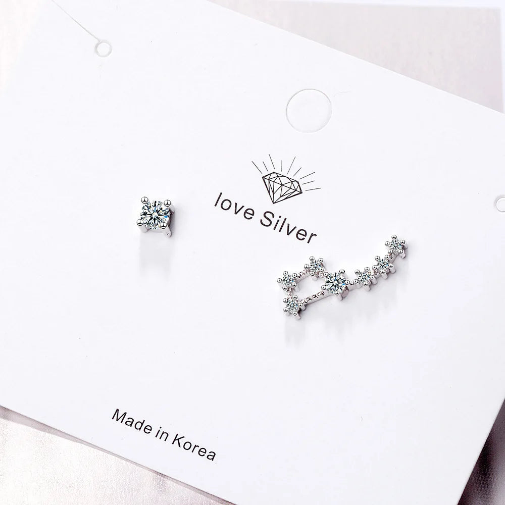 925 silver needle Cubic Zirconia Big Dipper Asymmetric Stud Earrings For Women Romantic Lady Fashion Jewelry