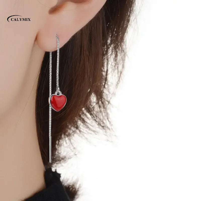 2019 Fashion Hot 100% 925 stamp silver color Tassel Long Drop Earrings Red Heart Linked 7.8cm Drop Stick Girls Friends Gift